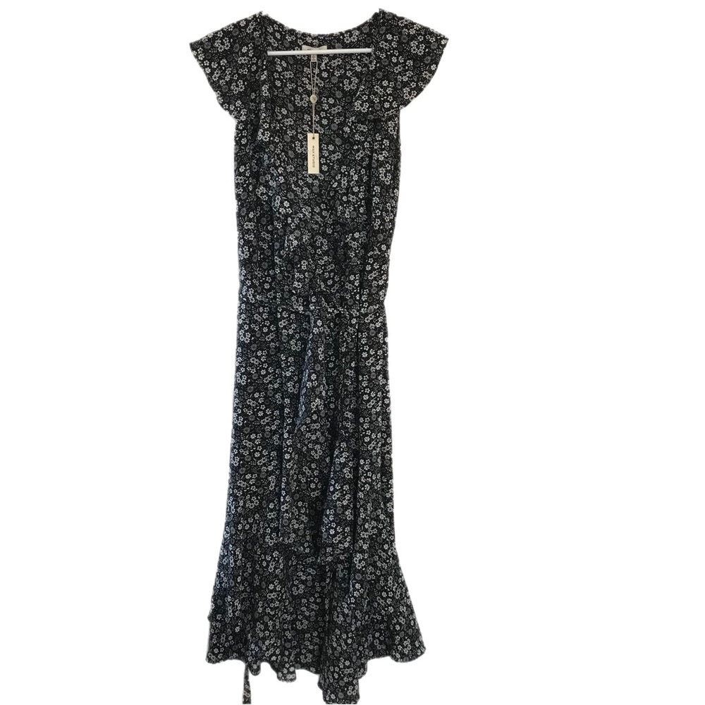Max Studio Black&White Floral Ruffle Wrap Midi Dress